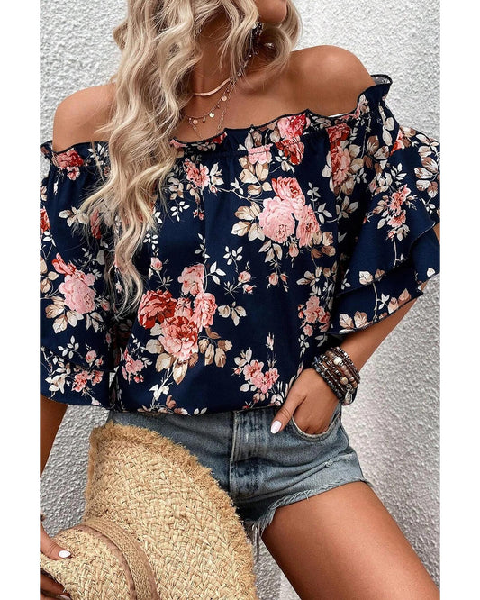 Ruffle Off Shoulder Flounce Sleeve Floral Blouse