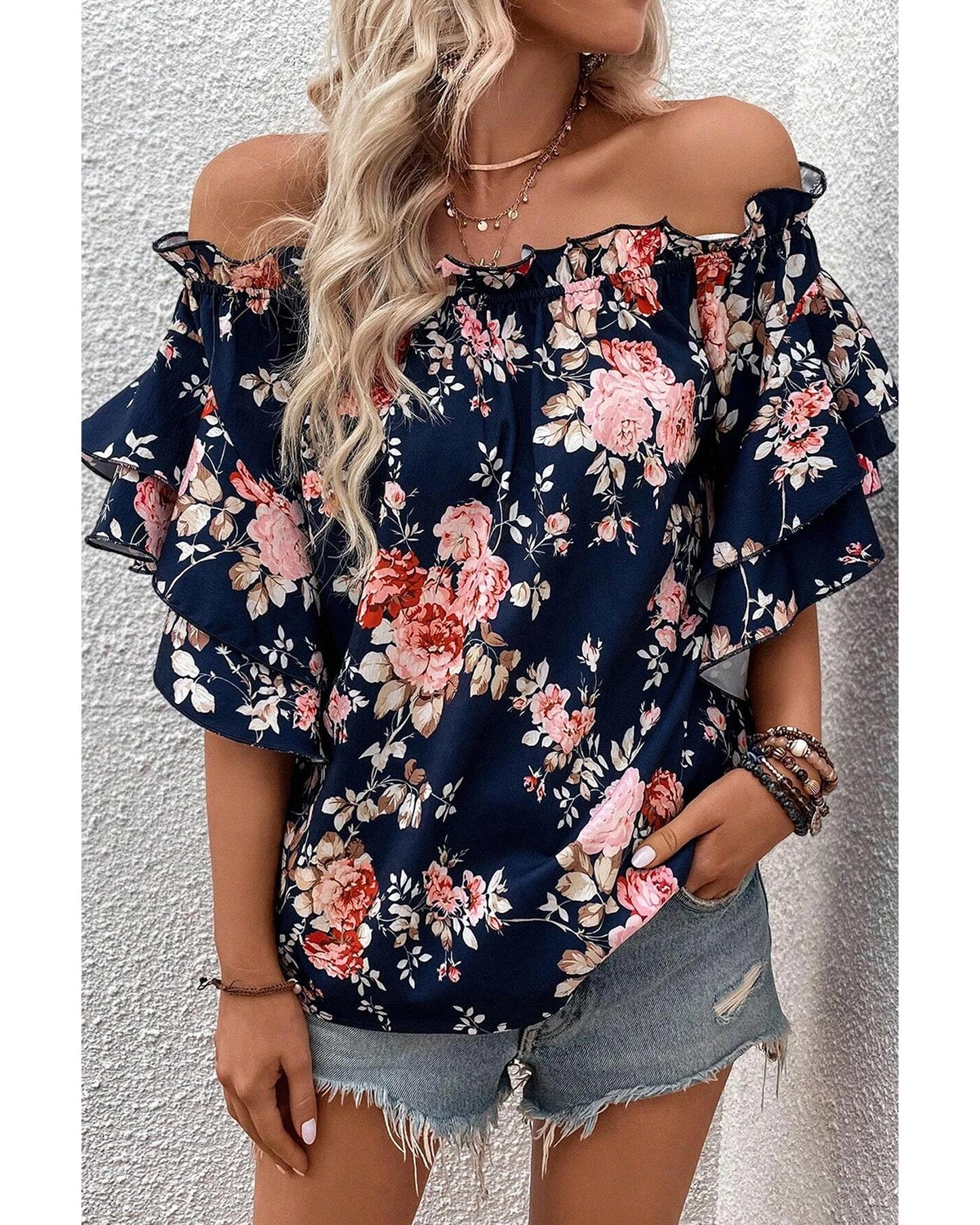 Ruffle Off Shoulder Flounce Sleeve Floral Blouse