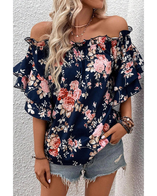 Ruffle Off Shoulder Flounce Sleeve Floral Blouse