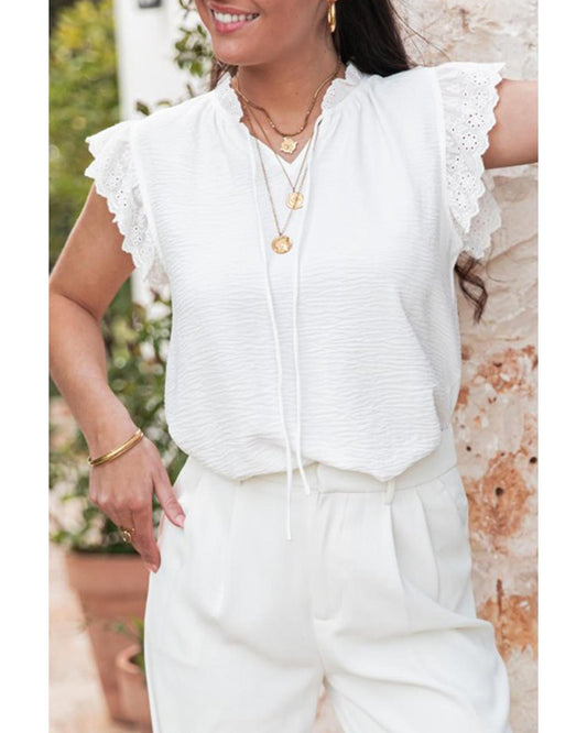 White Embroidered Ruffle Trim Textured Blouse