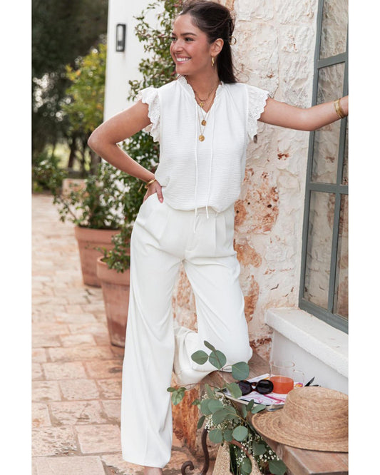 White Embroidered Ruffle Trim Textured Blouse