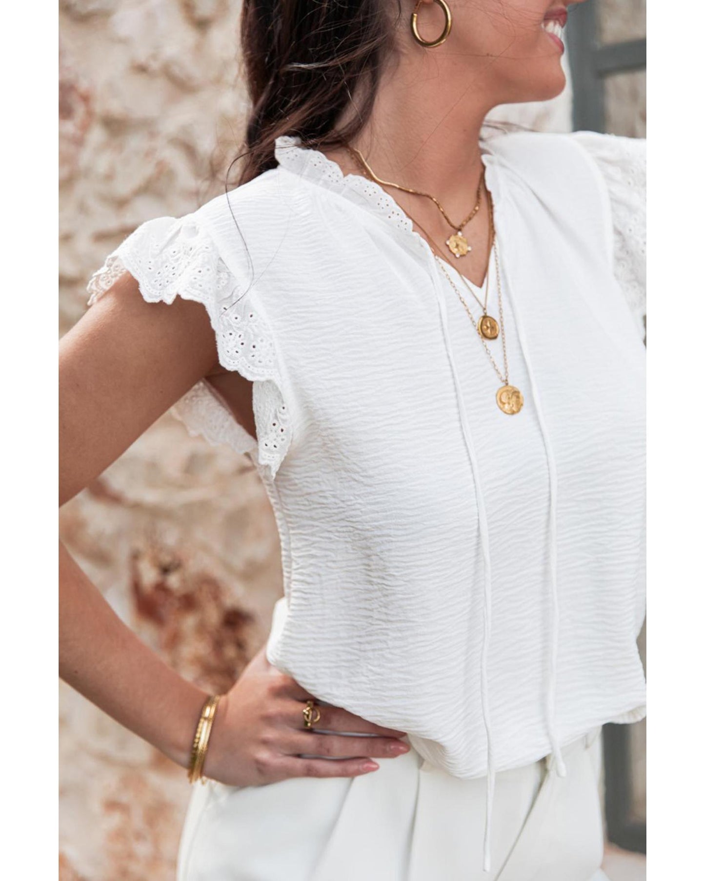 White Embroidered Ruffle Trim Textured Blouse