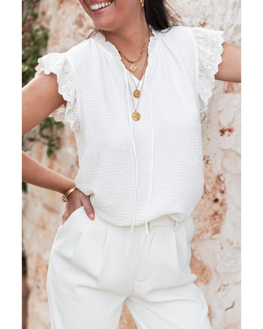 White Embroidered Ruffle Trim Textured Blouse