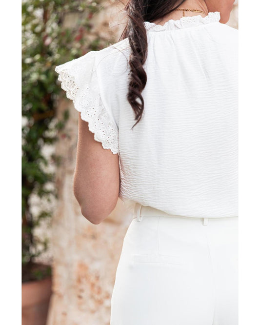 White Embroidered Ruffle Trim Textured Blouse