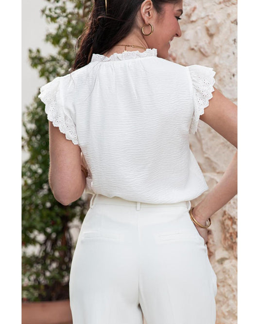 White Embroidered Ruffle Trim Textured Blouse