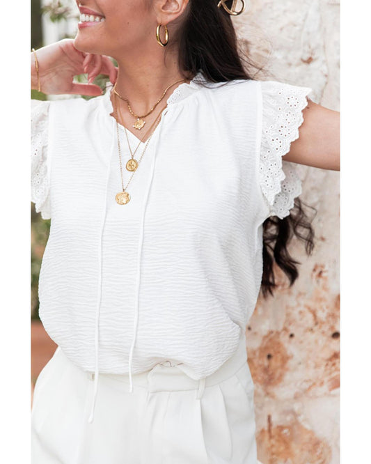 White Embroidered Ruffle Trim Textured Blouse