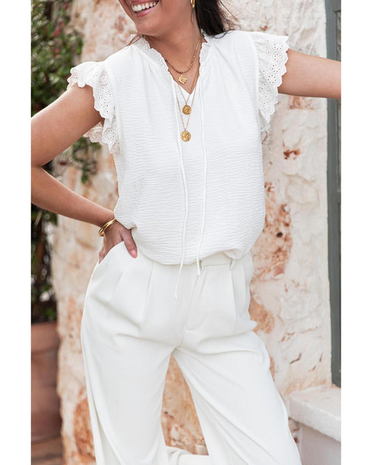 White Embroidered Ruffle Trim Textured Blouse