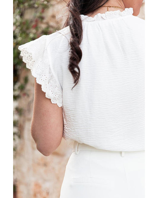 White Embroidered Ruffle Trim Textured Blouse