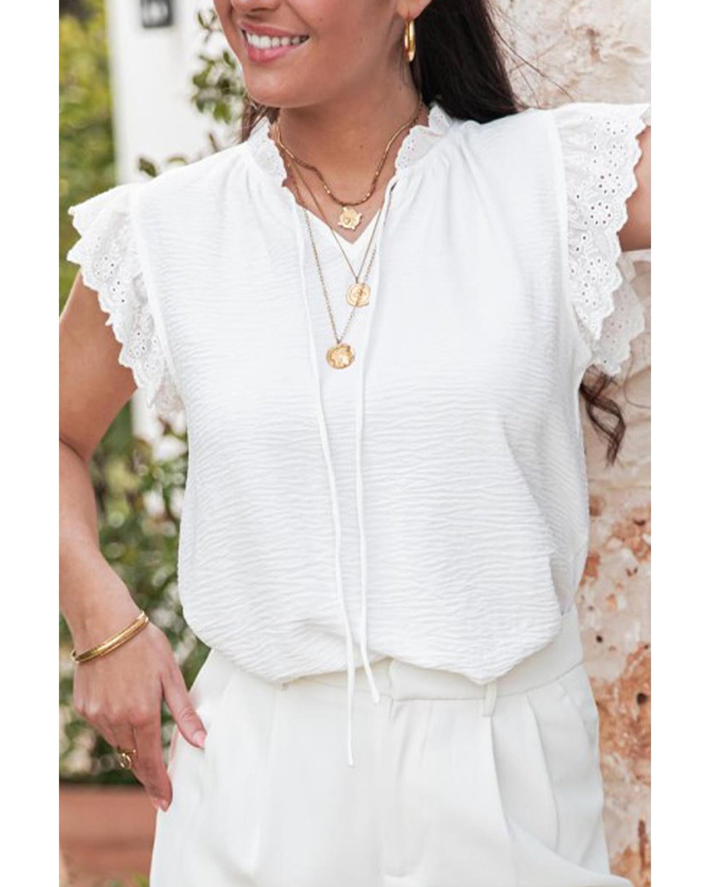 White Embroidered Ruffle Trim Textured Blouse