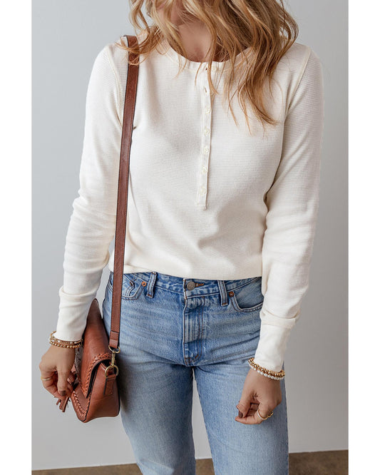 White Solid Color Waffle Half Button Top