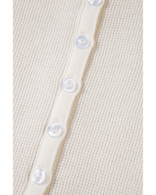 White Solid Color Waffle Half Button Top