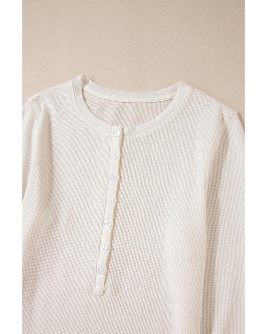 White Solid Color Waffle Half Button Top
