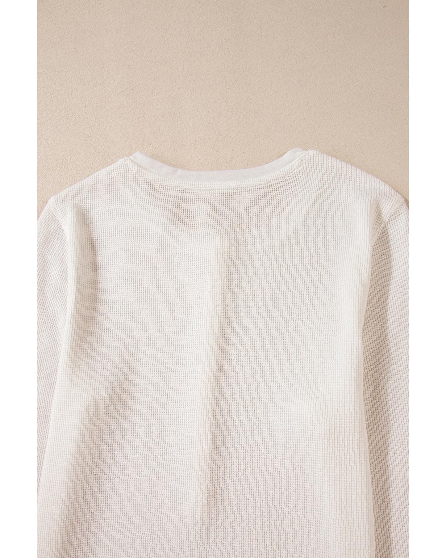 White Solid Color Waffle Half Button Top
