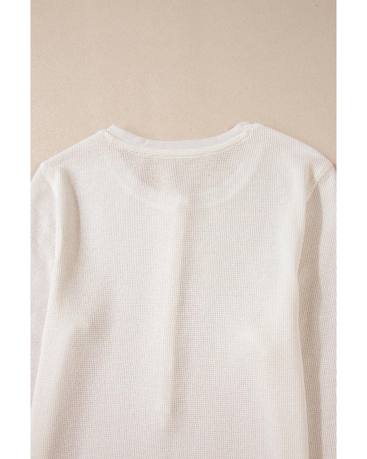 White Solid Color Waffle Half Button Top