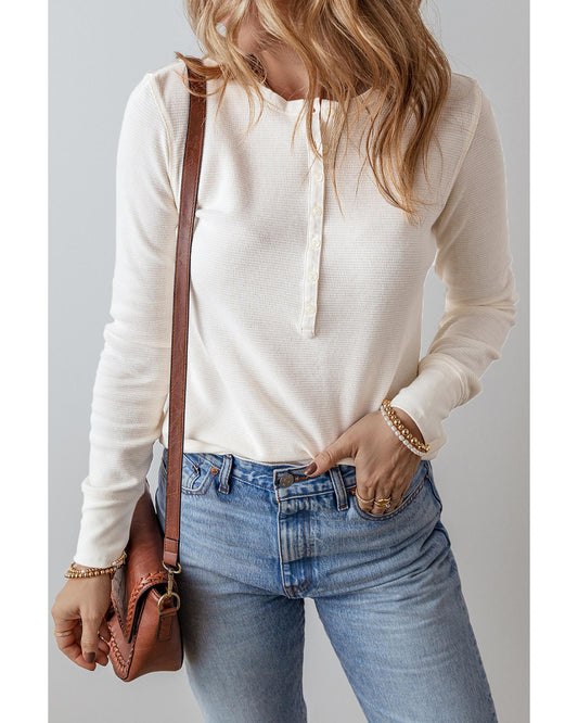 White Solid Color Waffle Half Button Top