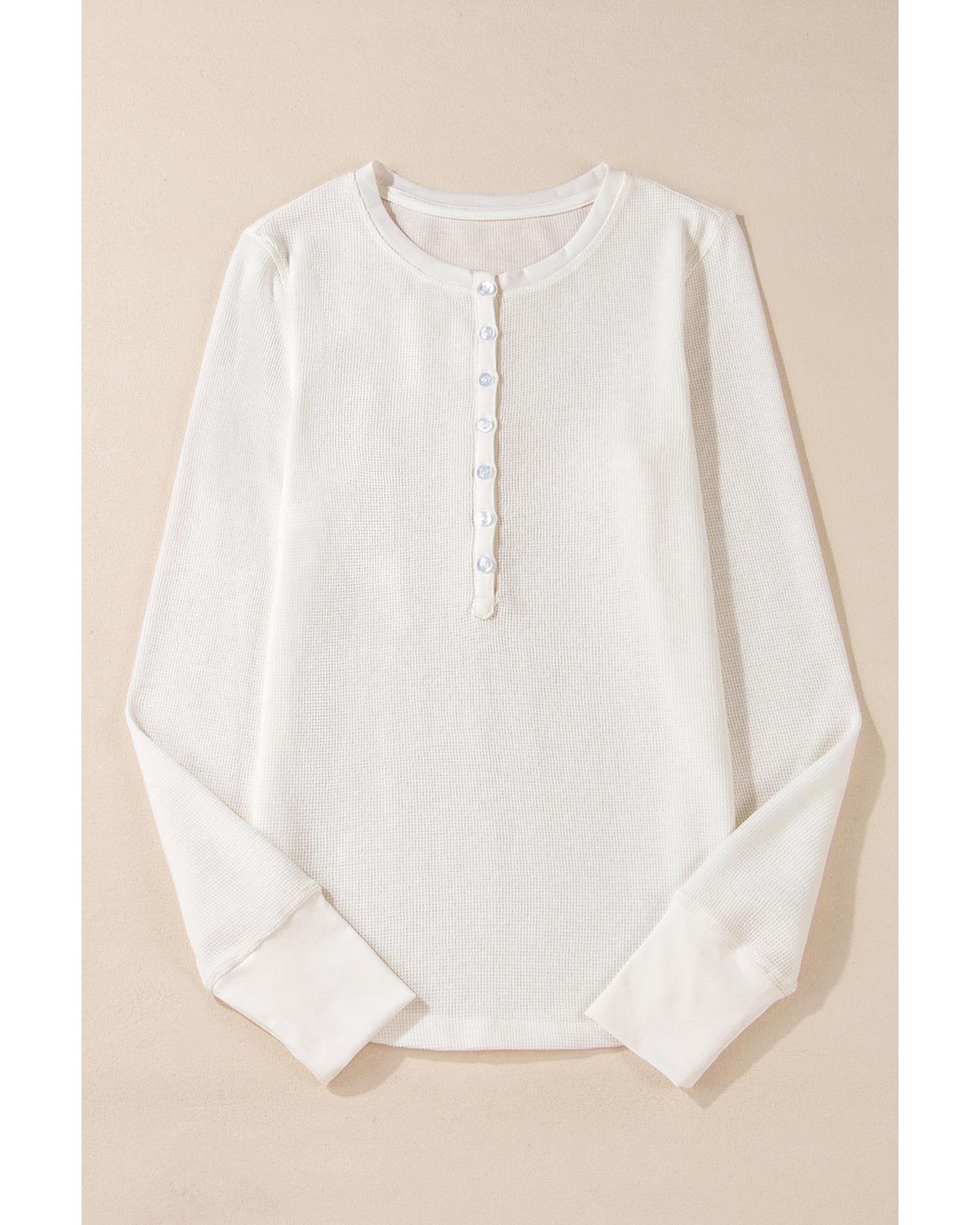 White Solid Color Waffle Half Button Top