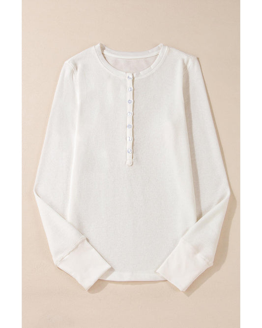 White Solid Color Waffle Half Button Top