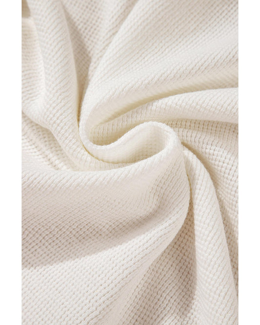 White Solid Color Waffle Half Button Top