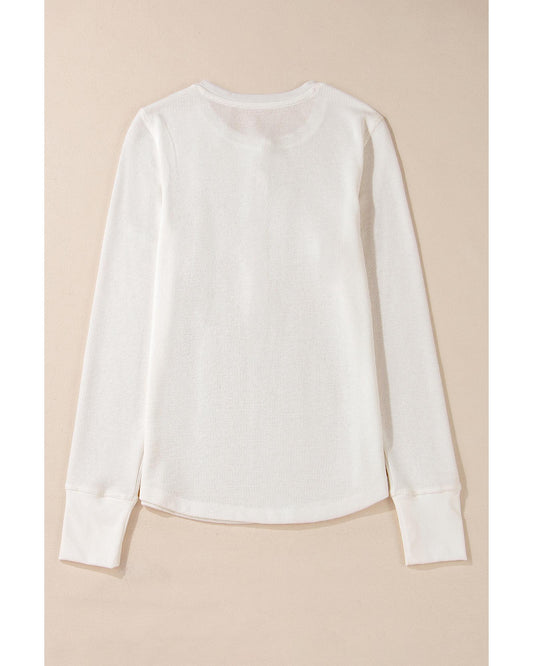 White Solid Color Waffle Half Button Top