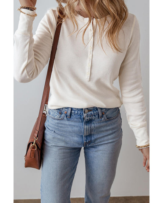 White Solid Color Waffle Half Button Top