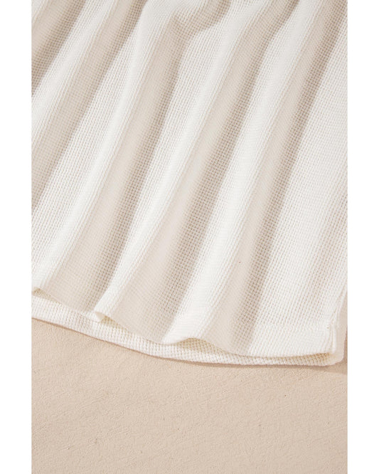 White Solid Color Waffle Half Button Top