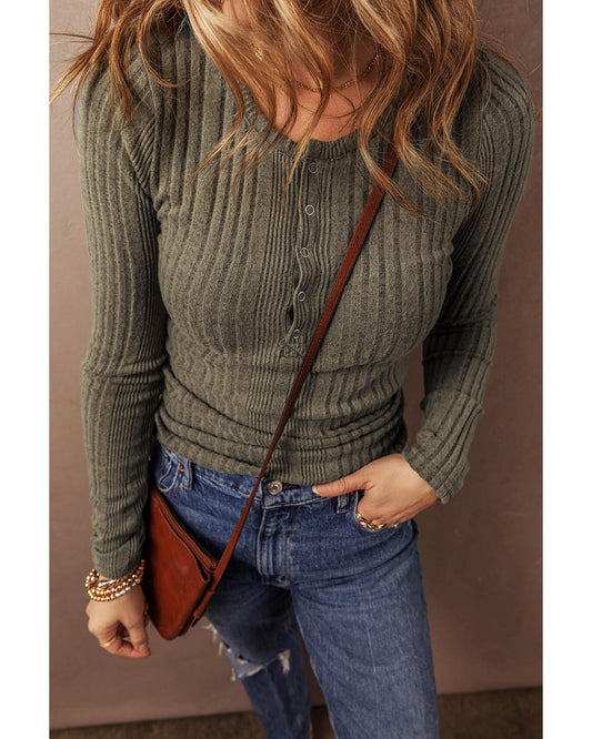 Jungle Green Ribbed Knit Half Button Slim Fit Blouse