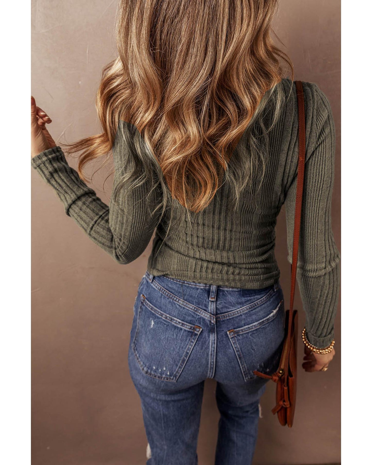 Jungle Green Ribbed Knit Half Button Slim Fit Blouse