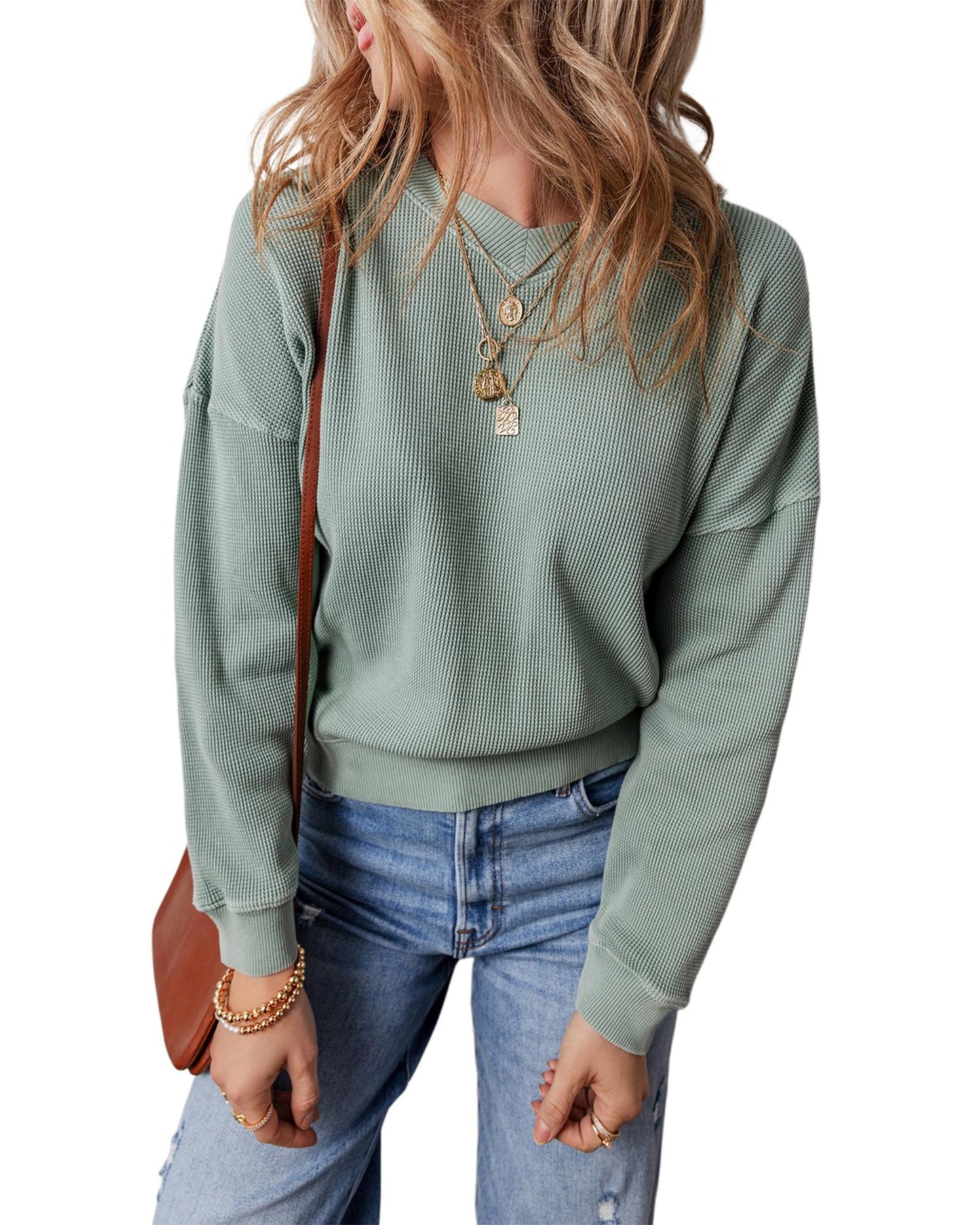 Aqua Waffle Knit Drop Shoulder V-Neck Top