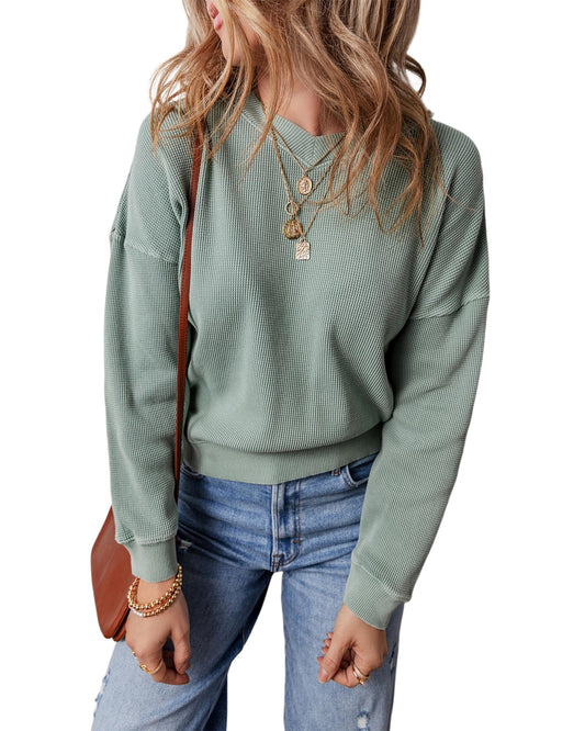 Aqua Waffle Knit Drop Shoulder V-Neck Top