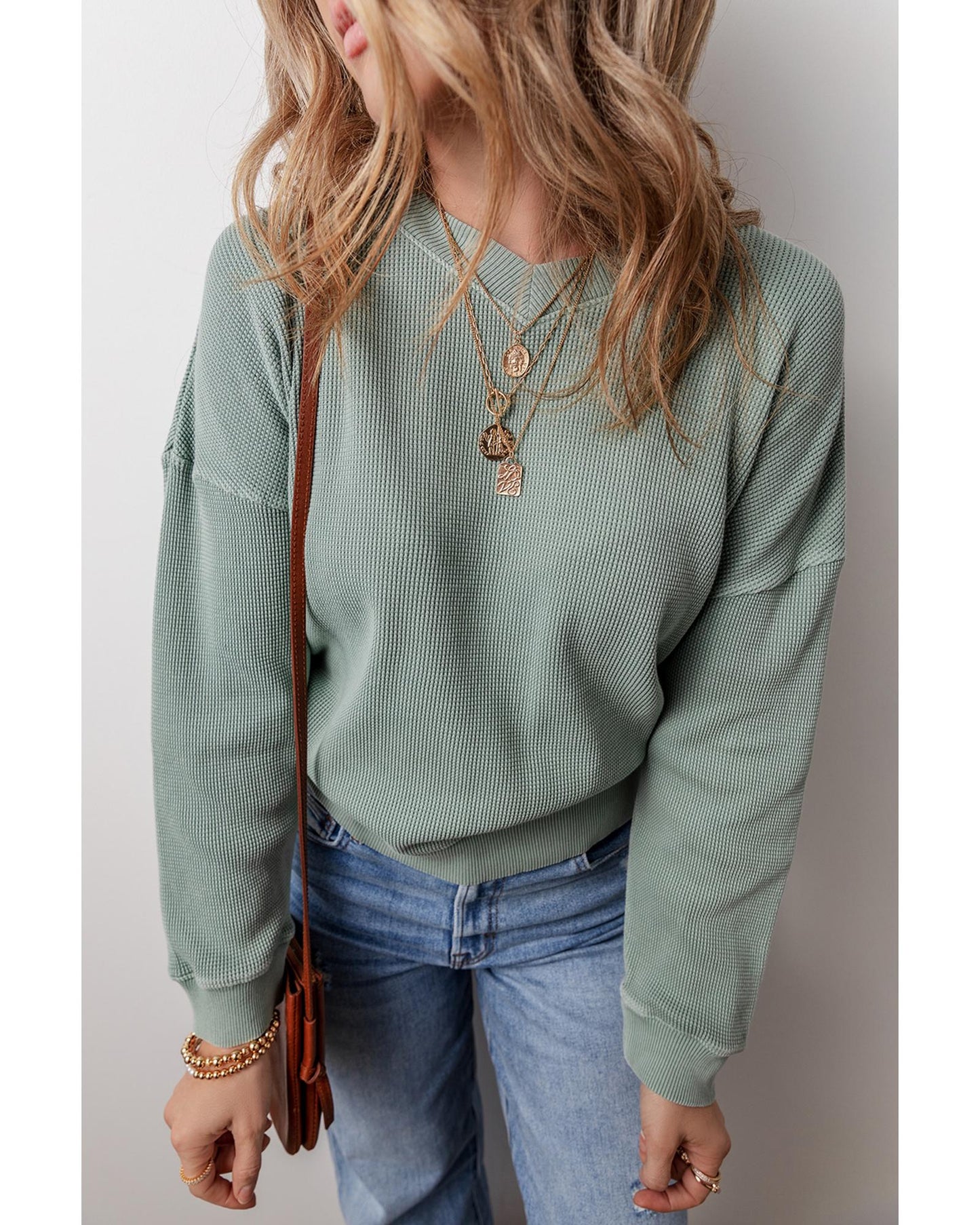Aqua Waffle Knit Drop Shoulder V-Neck Top