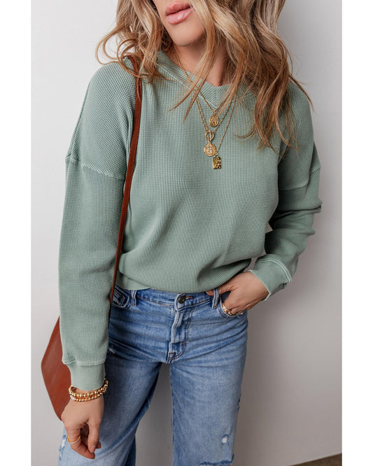 Aqua Waffle Knit Drop Shoulder V-Neck Top