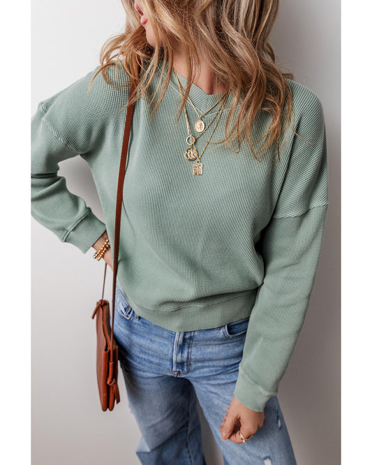 Aqua Waffle Knit Drop Shoulder V-Neck Top