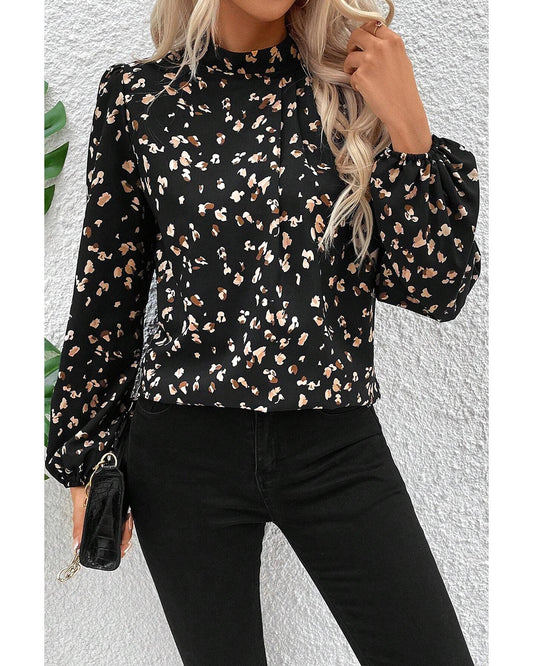Black Leopard Print Lantern Sleeve Blouse