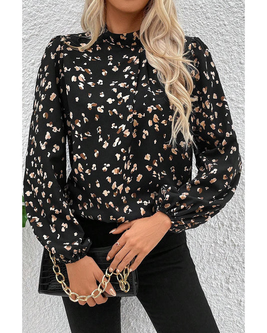 Black Leopard Print Lantern Sleeve Blouse