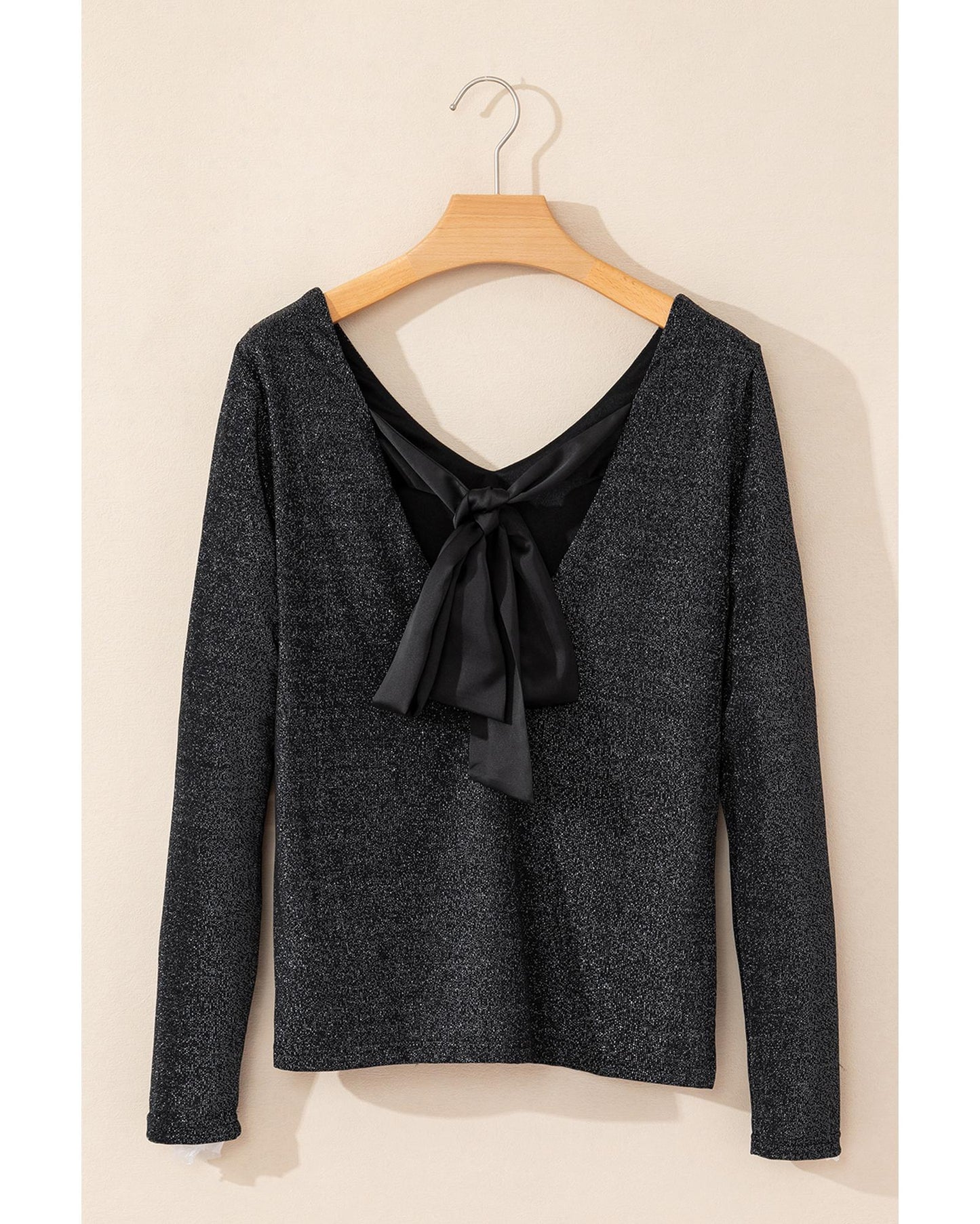 Black Metallic Bowknot Open Back V-Neck Top