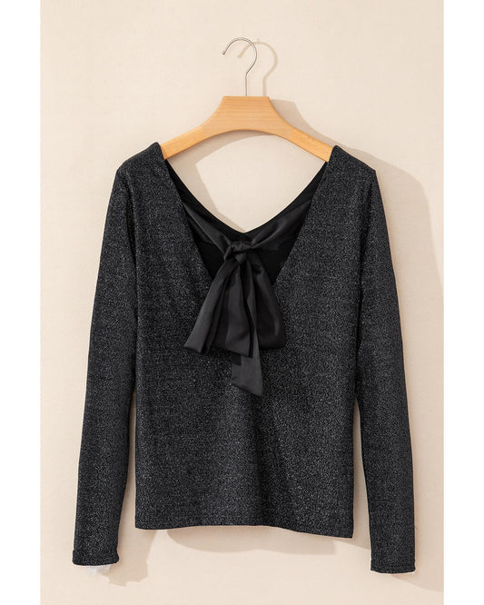 Black Metallic Bowknot Open Back V-Neck Top