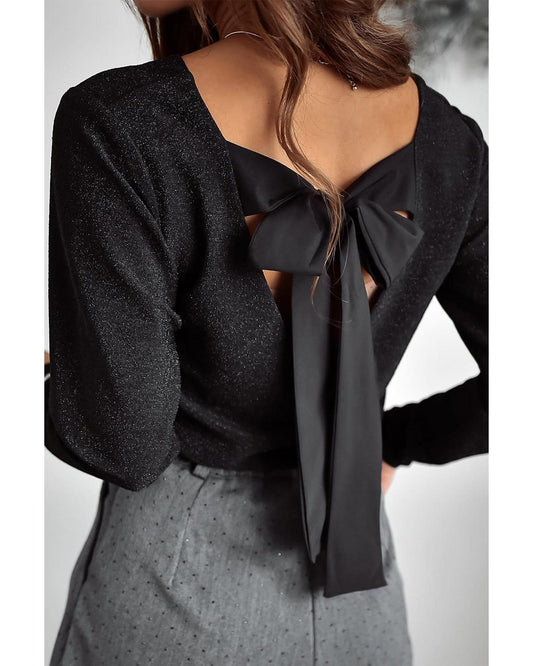 Black Metallic Bowknot Open Back V-Neck Top