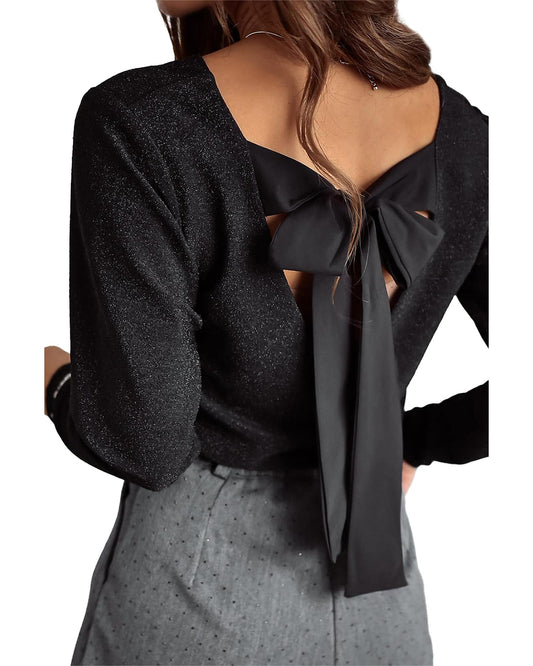Black Metallic Bowknot Open Back V-Neck Top