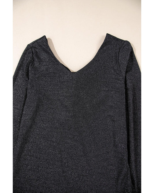 Black Metallic Bowknot Open Back V-Neck Top