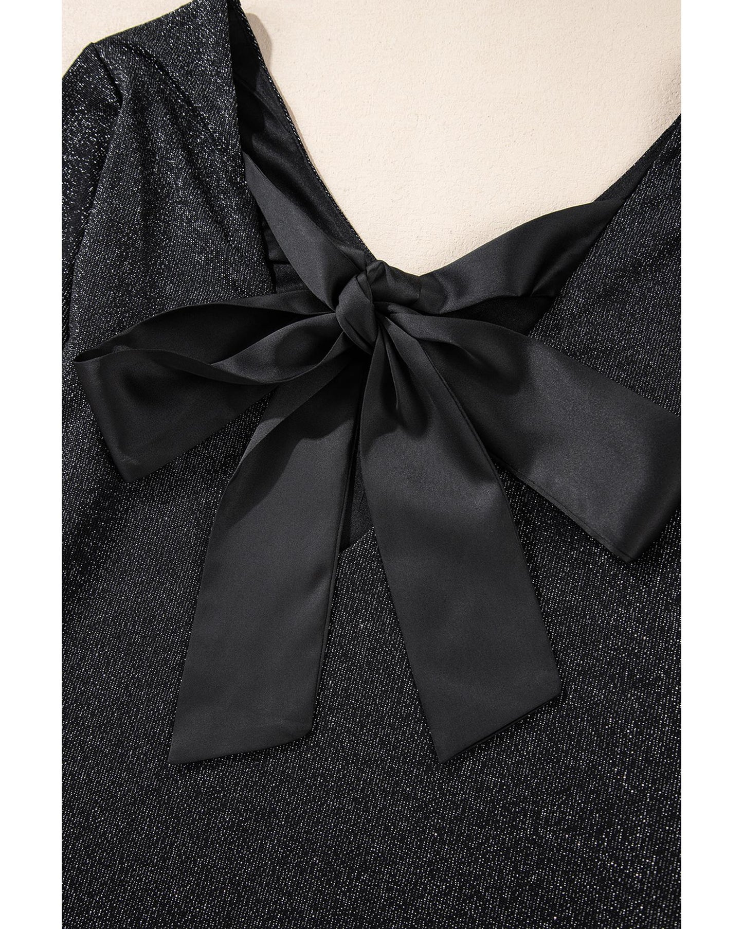 Black Metallic Bowknot Open Back V-Neck Top
