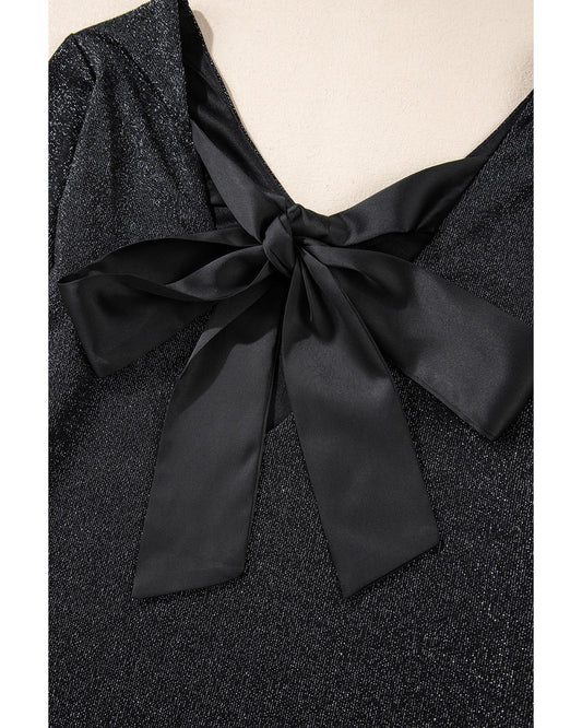 Black Metallic Bowknot Open Back V-Neck Top