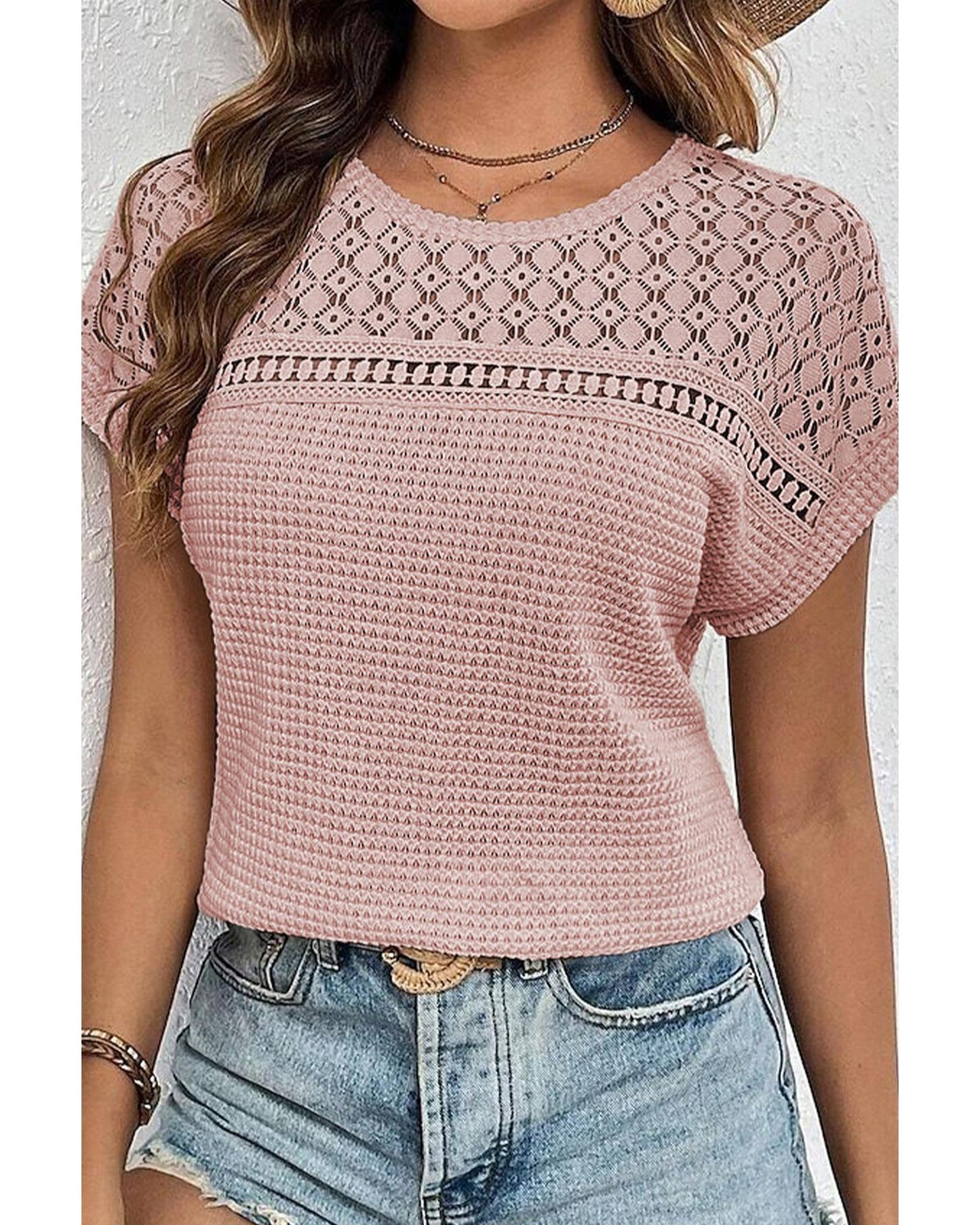 Lace Patchwork Waffle Short-Sleeve Top