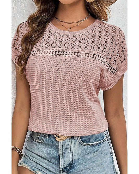 Lace Patchwork Waffle Short-Sleeve Top