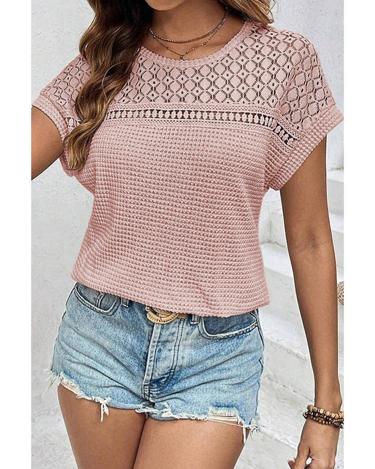 Lace Patchwork Waffle Short-Sleeve Top