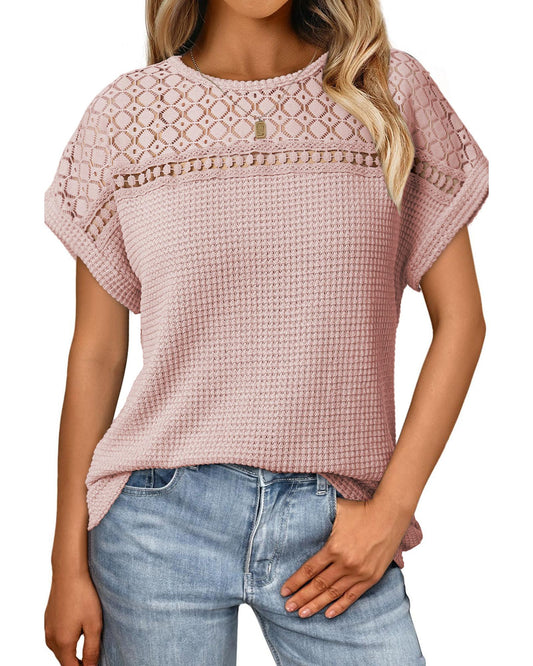 Lace Patchwork Waffle Short-Sleeve Top