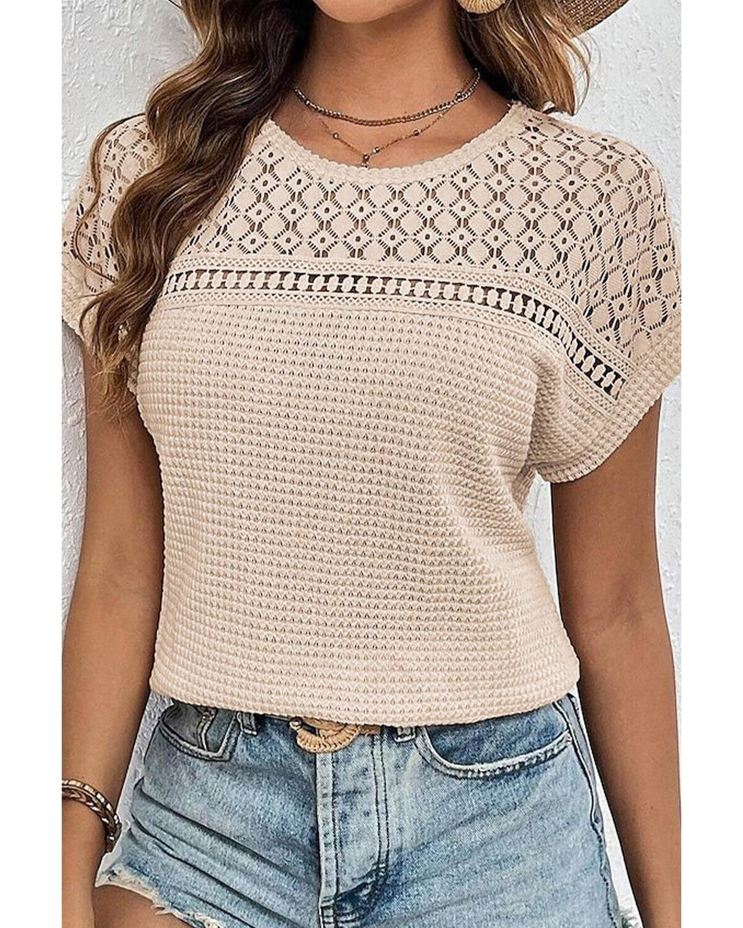 Lace Patchwork Waffle Short-Sleeve Top