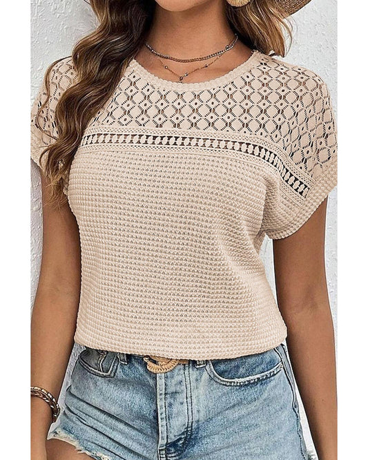 Lace Patchwork Waffle Short-Sleeve Top