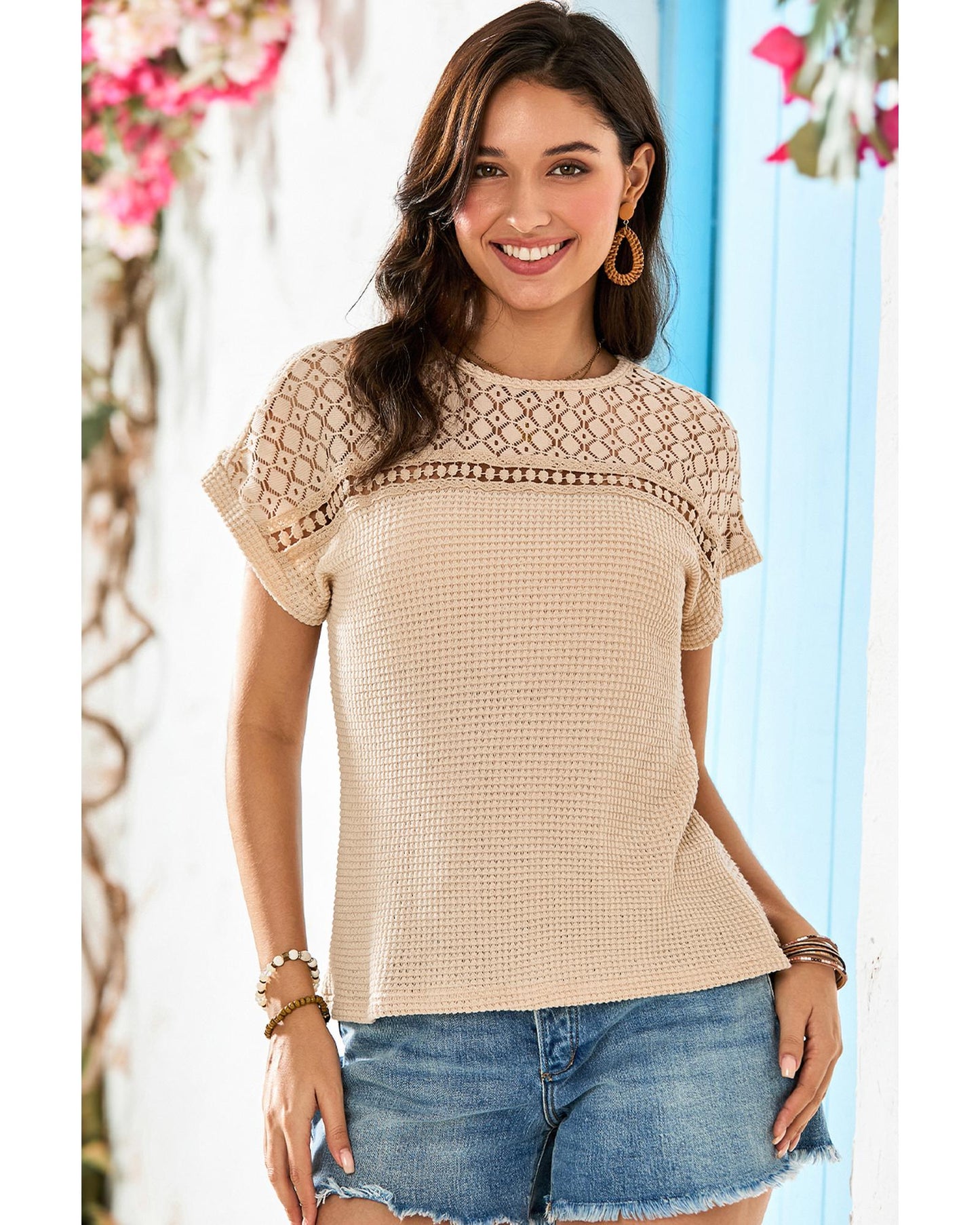 Lace Patchwork Waffle Short-Sleeve Top