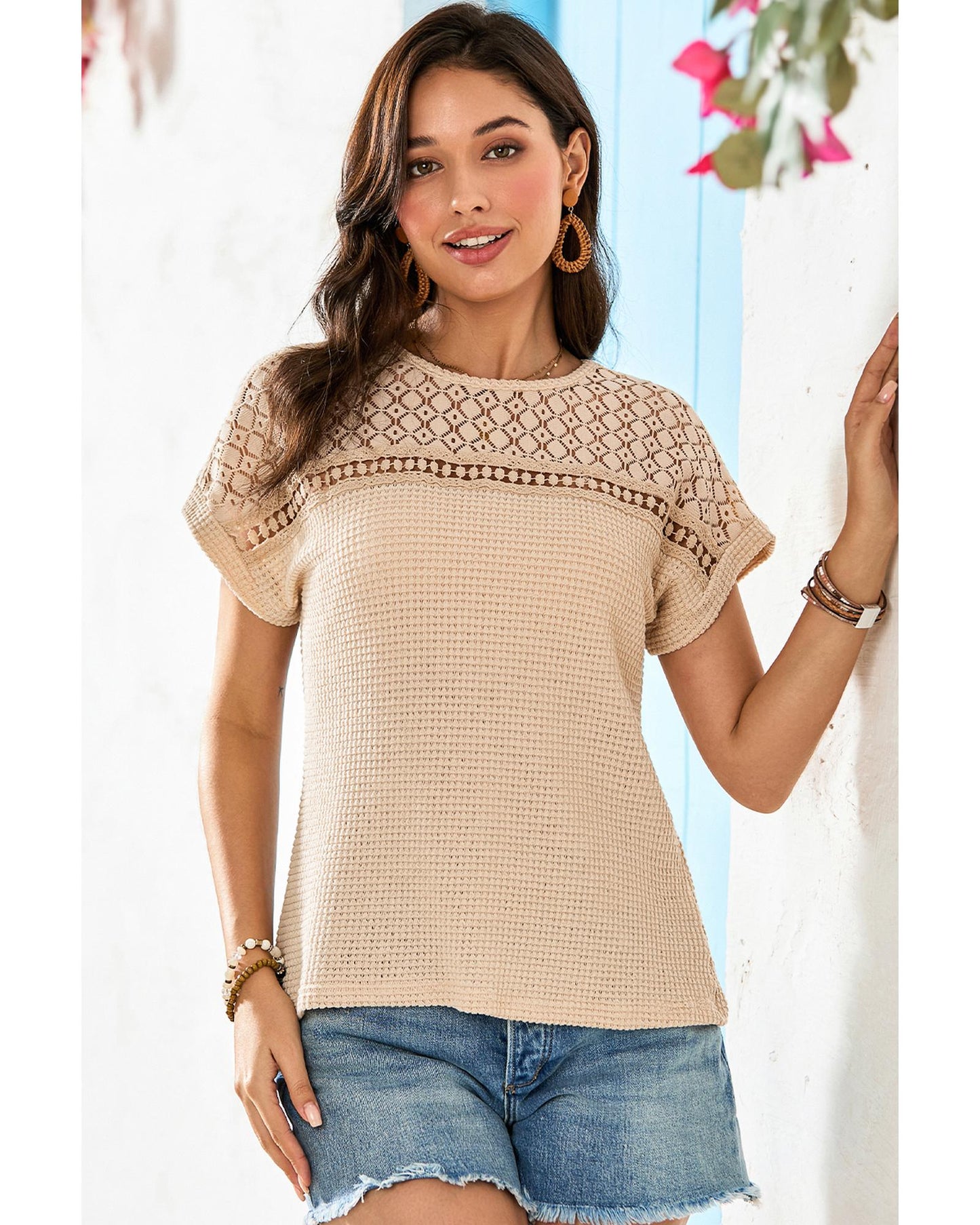 Lace Patchwork Waffle Short-Sleeve Top