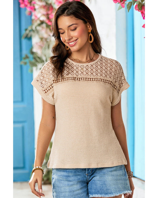 Lace Patchwork Waffle Short-Sleeve Top